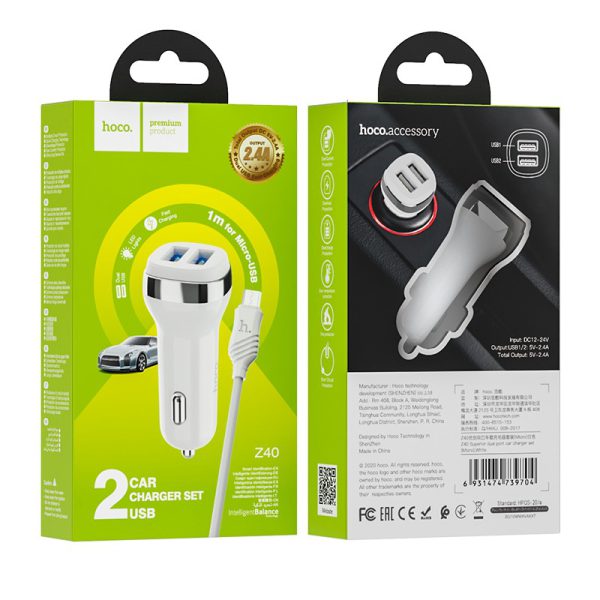Automobilinis įkroviklis Hoco Z40 Superior Dual Port + MicroUSB baltas - Image 4